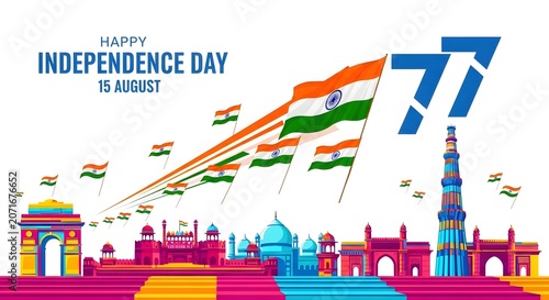 Colorful Independence Day celebration illustration with fireworks, Indian flag, and landmarks in festive vector style