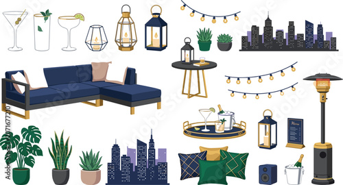 Luxury outdoor rooftop lounge patio furniture and city skyline night restaurant bar hospitality infrastructure elements vector illustration set
