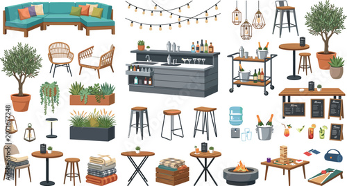Luxury outdoor rooftop lounge patio furniture and commercial garden restaurant bar hospitality infrastructure elements vector illustration set