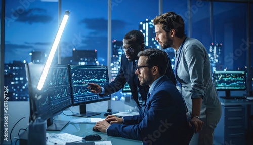 Business Team Analyzing Financial Data on Computers in Modern Office