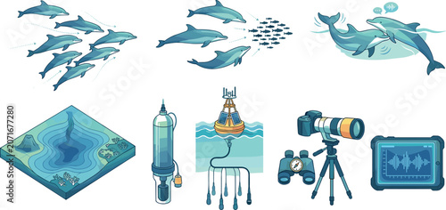 Marine Biology and Dolphin Research Vector Icon Set Featuring Pod Formations Echolocation Communication Buoy Hydrophone Camera and Ocean Topography Equipment
