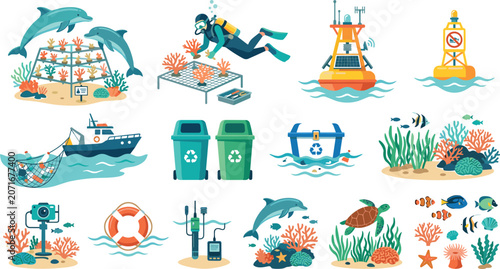 Marine Conservation and Ocean Ecology Vector Icon Set Featuring Coral Reef Restoration Scuba Diver Recycling Fishing Pollution Control and Sea Life