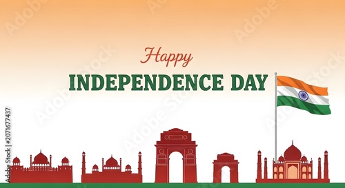 Indian Independence Day celebration with national flag and historic architecture in warm sunset glow