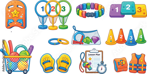 Kids Swimming Lesson and Pool Training Equipment Vector Icon Set Featuring Kickboard Diving Rings Cones Lesson Plan Clipboard Swim Vest and Floating Toys