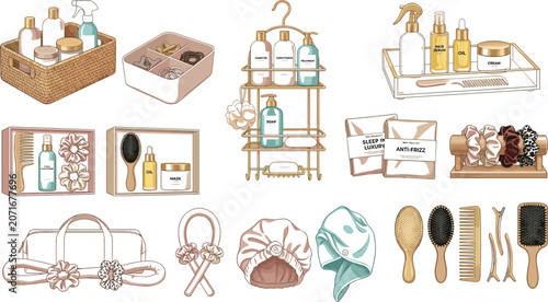 Luxury Hair Care Products and Bathroom Storage Vector Icon Set Featuring Silk Scrunchies Shower Caddies Heatless Hair Curlers Combs and Gift Boxes