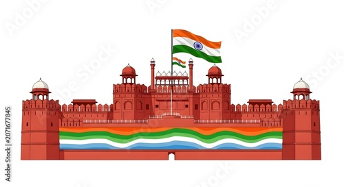 Indian national flag waving above historic red sandstone fort architecture in daylight