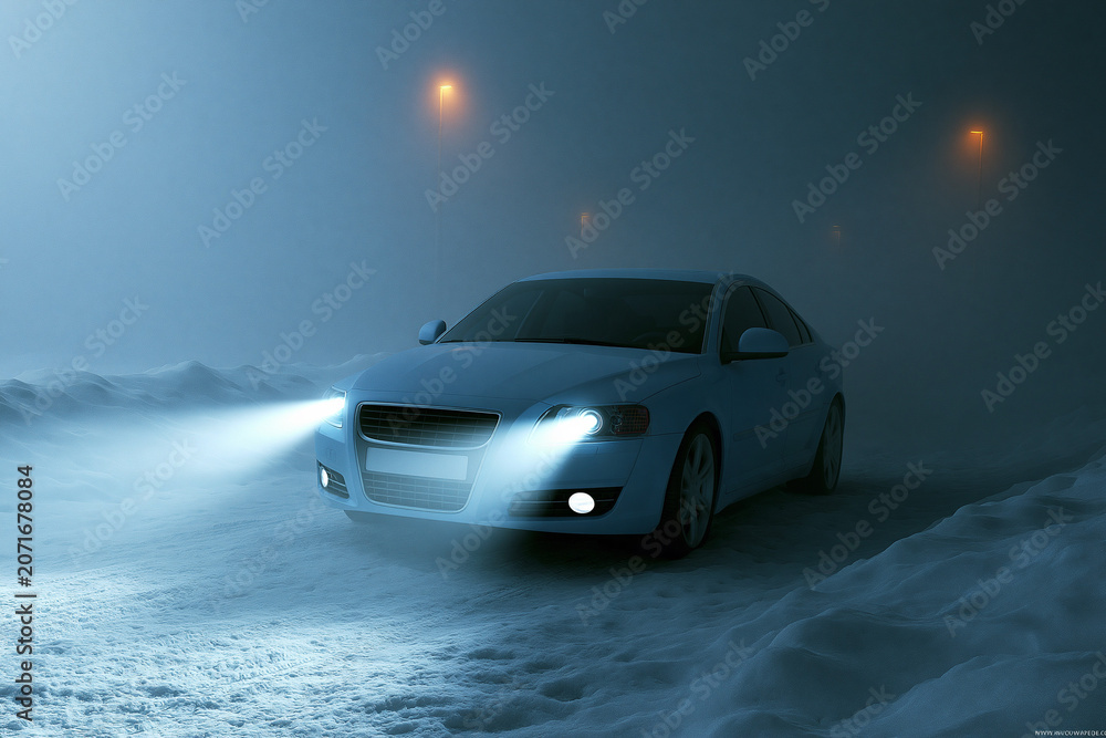 Naklejka premium Car drives in snow at night with headlights on