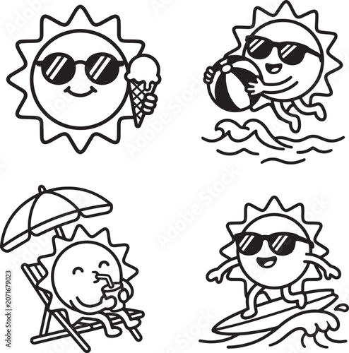 Cute cartoon sun characters enjoying summer vacation by surfing, swimming, eating ice cream, and relaxing on a beach lounge chair.