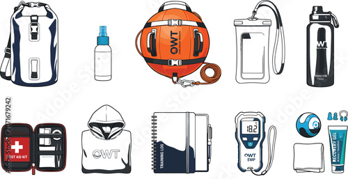 Open Water Swimming and Freediving Gear Vector Icon Set Featuring Dry Bag Safety Buoy Waterproof Phone Case First Aid Kit Swim Towel and Nose Clips