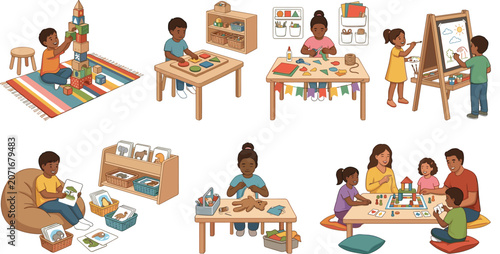 Preschool and Early Childhood Education Vector Icon Set Featuring Diverse Kids Painting on Easel Playing Boardgames and Building Wooden Blocks