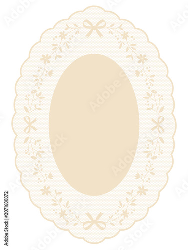 Vintage lace oval frame with flowers, bows. Elegant lace doily clipart for country style cards. Crochet style embroidery handkerchief. Mesh texture and scalloped borders. Whimsy baby shower invitation