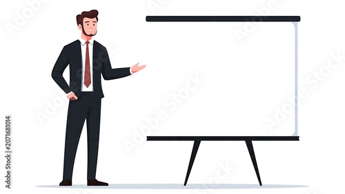 Businessman holding clipboard standing next to easel with blank paper.