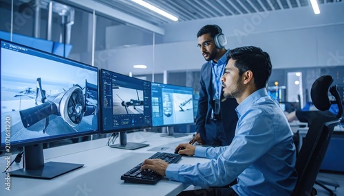 Aerospace Engineers Reviewing Flight Simulation Data on Computers