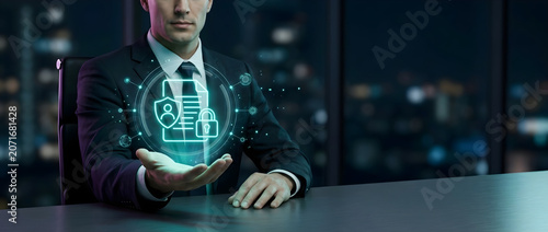 Cropped view of a businessman sitting at a desk and presenting a glowing holographic data privacy icon, showing a secure document with a padlock and shield for corporate cybersecurity compliance