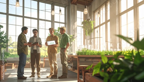 Agricultural Experts Discussing Crop Innovation in a Modern Greenhouse