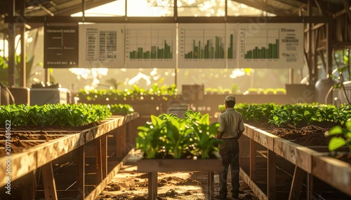 Agricultural scientist observing crop growth data and charts in a greenhouse