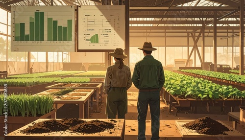 Agricultural Scientists Examining Crop Data and Charts in a Greenhouse