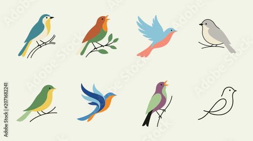 Foto Set of eight colorful bird in flat style showing different species and poses on