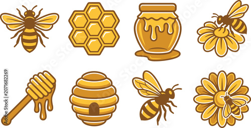 Fotografía Collection of honey and bee related featuring honeycombs, a jar of honey, a wood