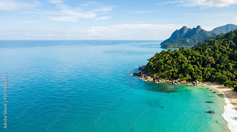 Fototapeta premium Aerial view of a tropical turquoise bay with lush green mountains