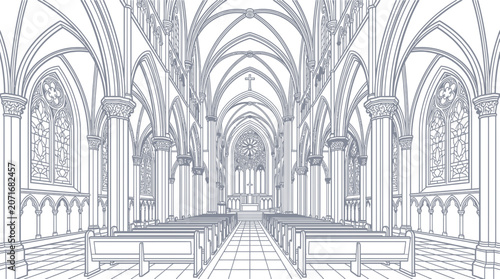 Gothic Cathedral Interior Line Drawing: Arches, Stained Glass Windows, Pews, Altar