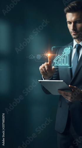 Young businessman holding a digital tablet and touching a glowing financial growth chart hologram, analyzing corporate performance metrics and cloud data analytics in a premium vertical background