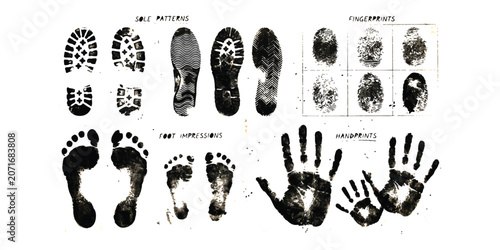 Tableau sur toile Set of black shoe sole patterns, human footprints, fingerprints and handprints c