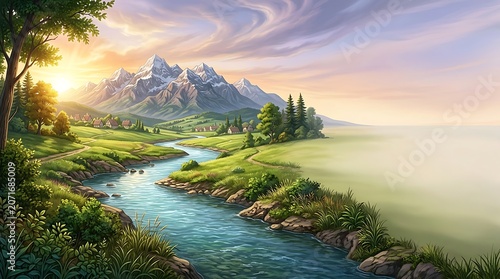 Scenic mountain valley with a blue river and a cozy village at sunset