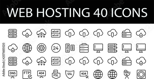 Foto Web Hosting Icons: A collection of 40 diverse line icons representing various web hosting services and concepts, including servers, clouds, DNS, FTP, SSL, and more