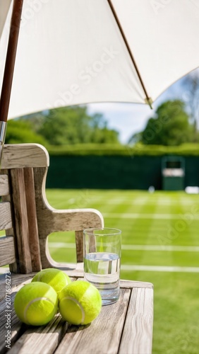 Wooden Bench With Tennis Balls And Water Under Umbrella