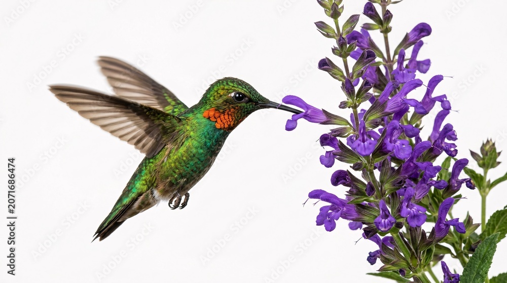 Fototapeta premium Shimmering green hummingbirds hover gracefully in mid-air feeding from beautiful blooming purple salvia flowers on pure white backgrounds.