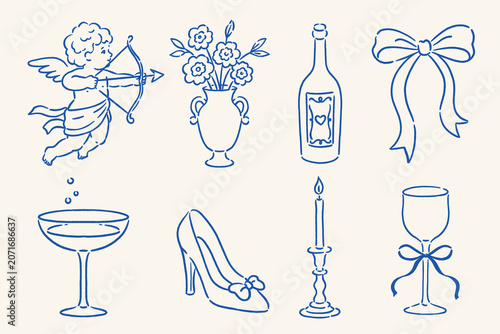 Romantic hand drawn line art icons set with cupid, flowers, wine bottle, bow, champagne glass, high heel, candle, and goblet