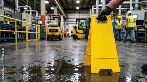 Worker holding yellow caution sign on wet factory floor. Wet floor warning for industrial workplace safety. Forklift moving in warehouse background. Occupational health and risk management.