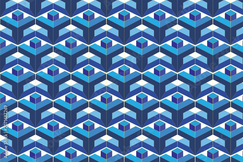 Geometric 3D isometric pattern, blue abstract cube background vector, seamless architectural texture for corporate branding and web design
