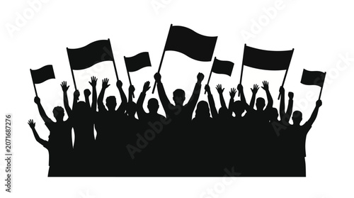 Bilde på lerret Silhouetted Crowd of Protesters Raising Flags for Demonstration and Activism