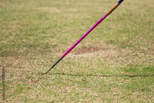 A javelin pegged into the turf, javelin speared into the ground.