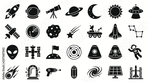 Canvastavla Space icons present a collection of celestial and cosmic symbols including rockets, planets, and astronauts for science fiction media