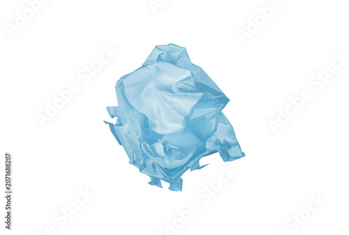 Crumpled cyan paper wad symbolizing workplace stress, depression, environment protection or discarded corporate strategic plans. Blank note representing restart and ecology