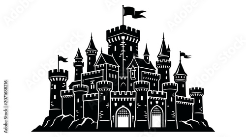 Fotografie Black and white medieval castle fortress vector illustration
