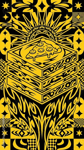 Symbolic pizza stack with tribal patterns and cosmic yellow design