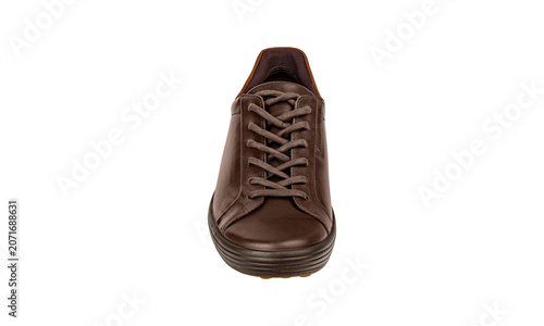 Close-up of a premium brown leather shoe showing material texture and stitching. Isolated on white for e-commerce design