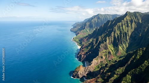 Dramatic aerial view of rugged green cliffs meeting the blue ocean