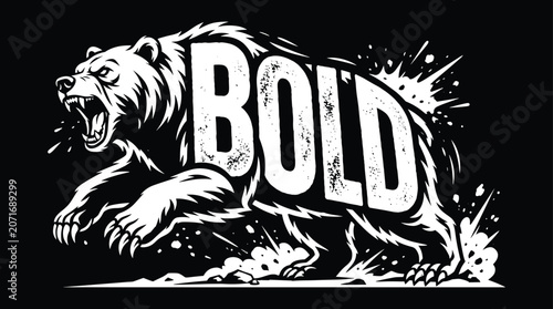 Fotografie Aggressive grizzly bear silhouette running with the word bold written in large d