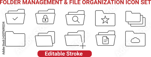 Folder Management and File Organization Line Icon Set - Secure Folder, Search, Cloud Storage, Document and Favorite Folder Editable Stroke Vector Icons