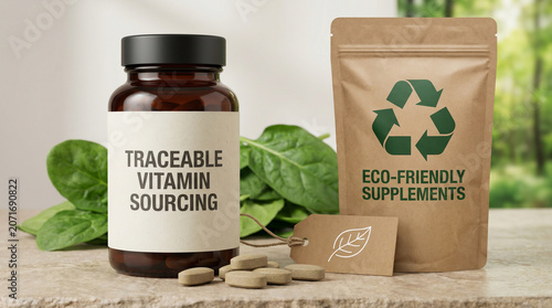 Brown glass pill bottle and eco friendly paper pouch featuring natural green spinach leaf ingredients