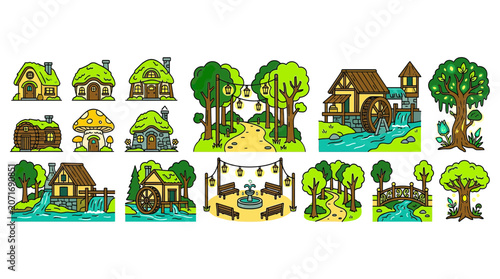 Foto Whimsical Fantasy Village Elements: Houses, Watermills, Trees, and Forest Path