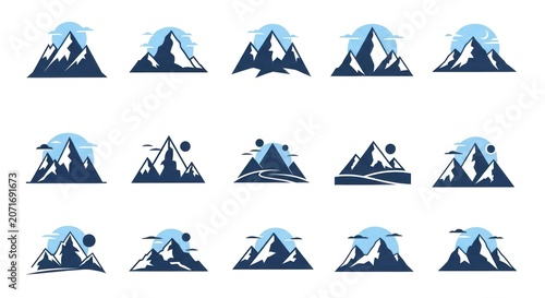 Collection of mountain peak icons with sun and clouds vector graphics