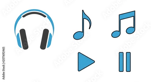 Headphones and music notes play pause icons