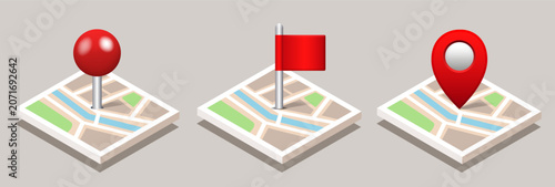 Map pin and city ​​map. Vector 3d icon set isolated on grey background