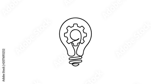Continuous line drawing of light bulb and gear creative idea concept.